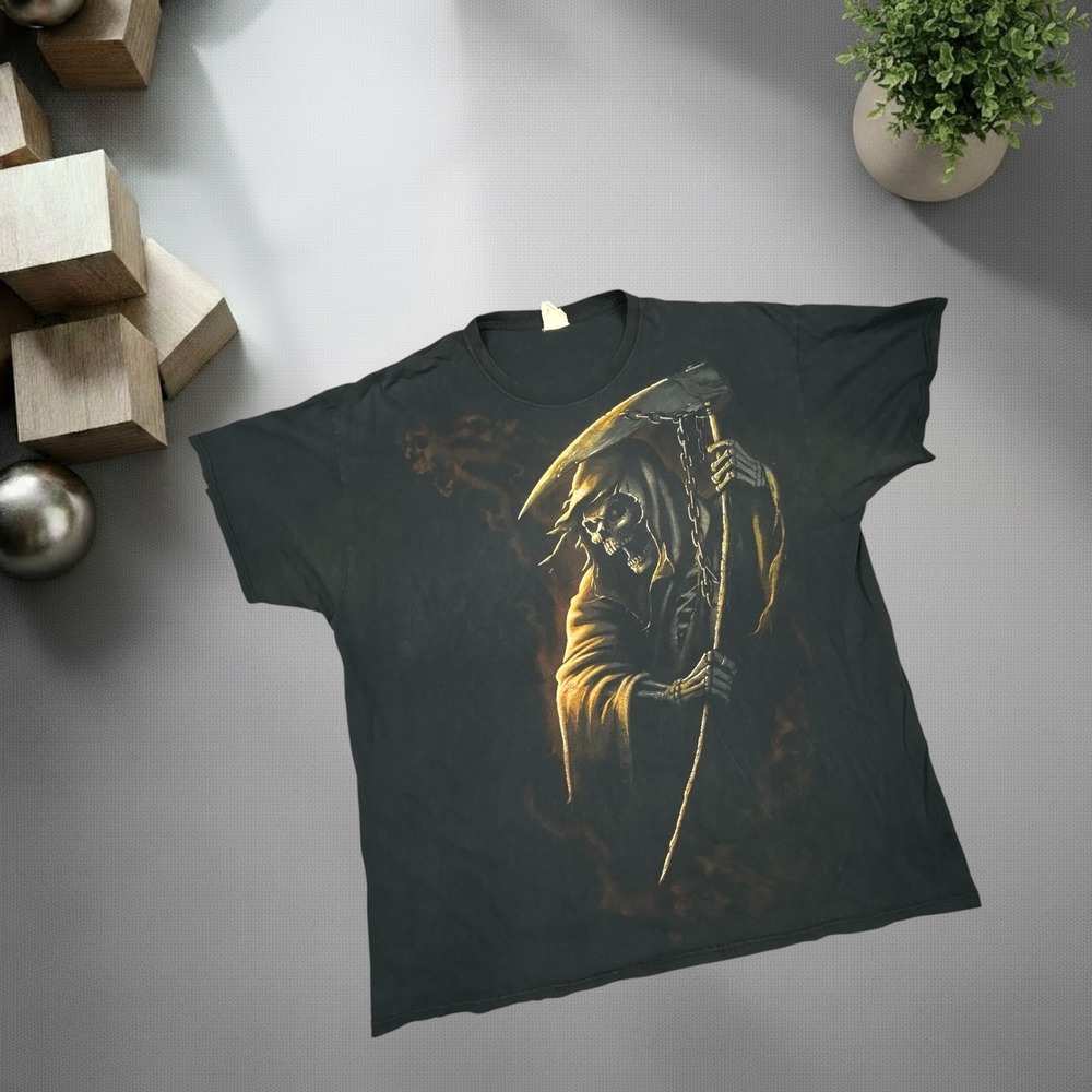 Vintage 90s Fruit of the Loom Grim Reaper T Shirt Black Large Skater Grunge Y2K
